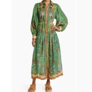 Alemais Green Midi Dress with Multicolor Embroidery